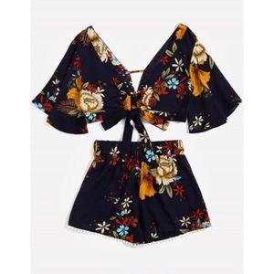 2 Pieces Crop Top & Lace Trim High Waisted Shorts